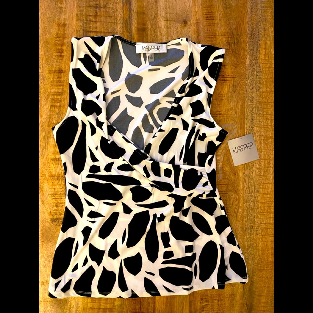 Kasper faux wrap silky black and white geo print cami camisole tank shell NWT